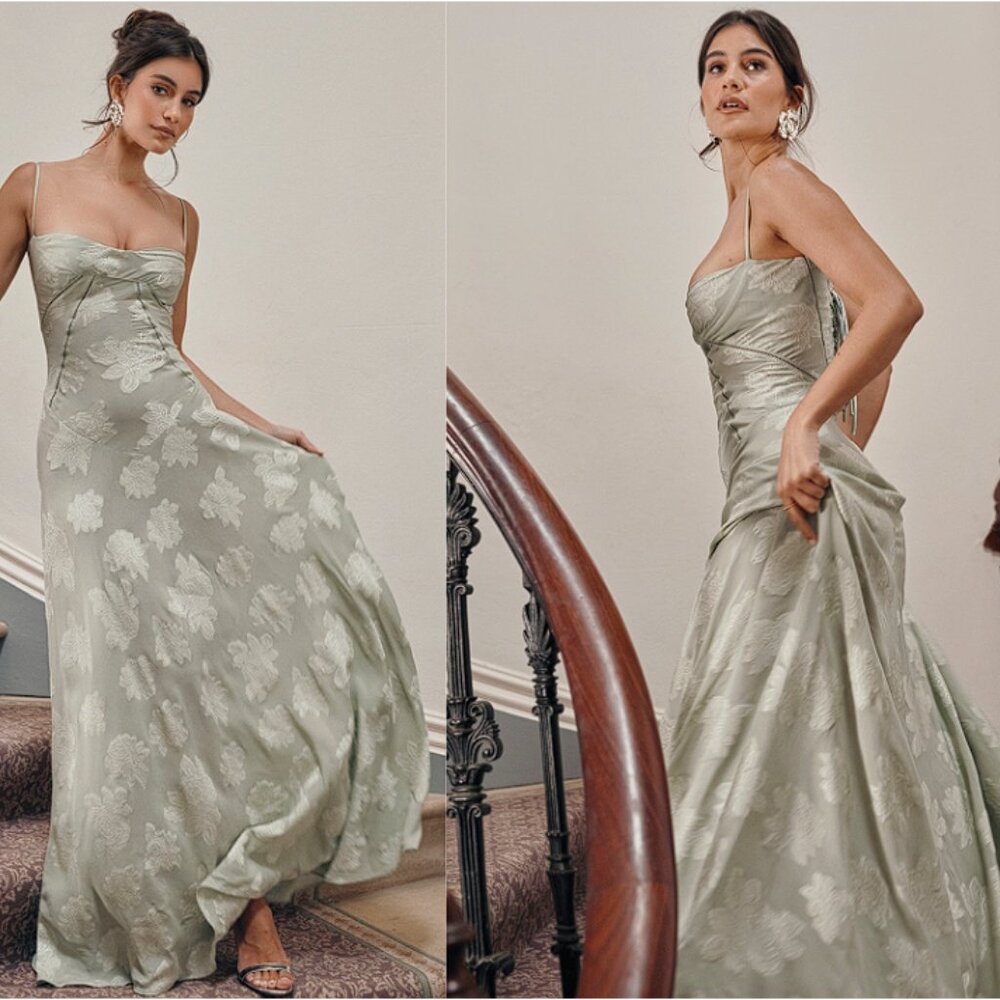 HOUSE OF CB 'Seren' Pistachio Floral Lace Back Maxi Dress NWOT